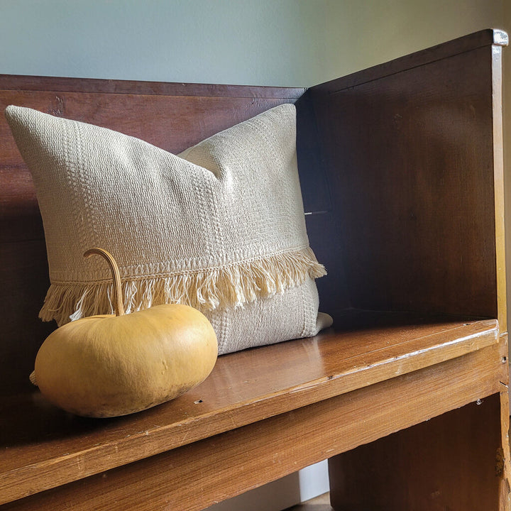IVORY WOVEN PILLOW WITH FRINGE, 18x16