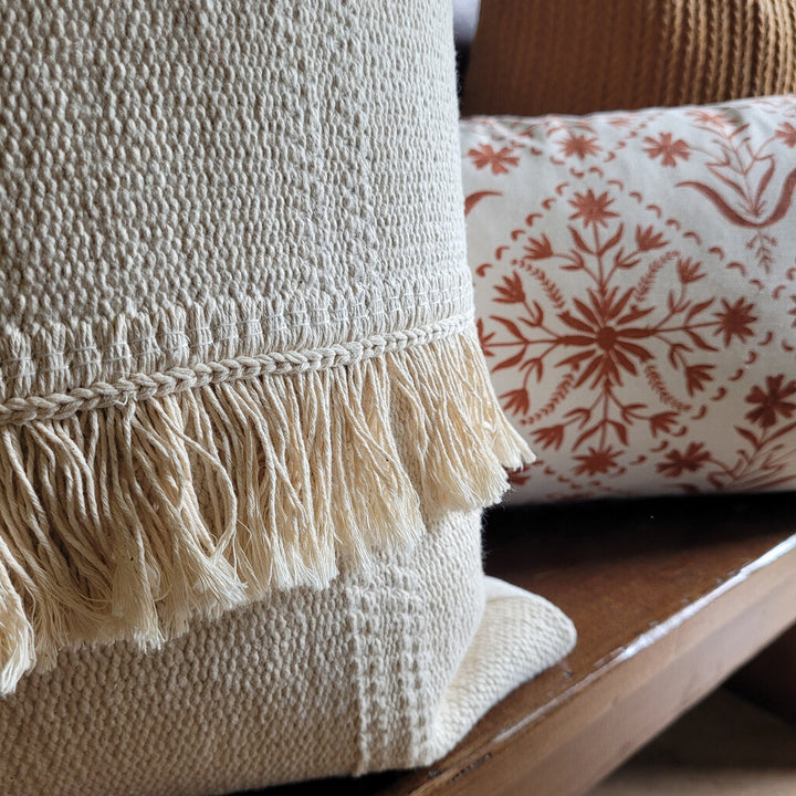 IVORY WOVEN PILLOW WITH FRINGE, 18x16