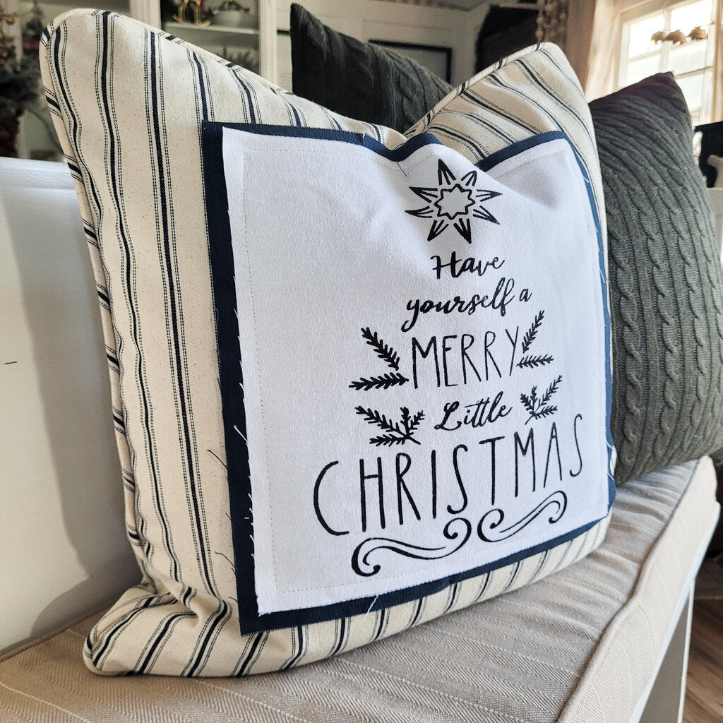 BLUE TICKING MERRY CHRISTMAS PILLOW (2 OPTIONS)