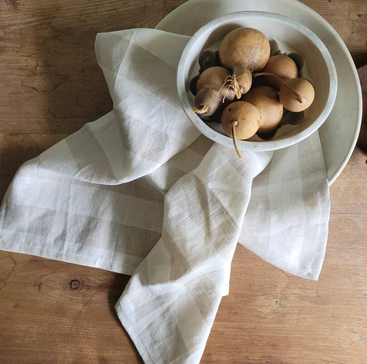 LINEN TEA TOWEL, TAUPE &amp; WHITE STRIPE