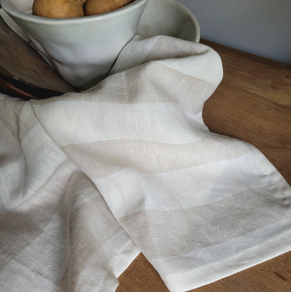 LINEN TEA TOWEL, TAUPE &amp; WHITE STRIPE