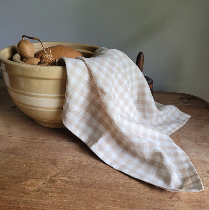 LINEN TEA TOWEL, TAN &amp; WHITE CHECK