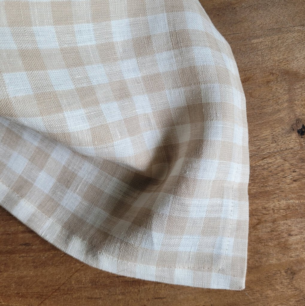 LINEN TEA TOWEL, TAN &amp; WHITE CHECK