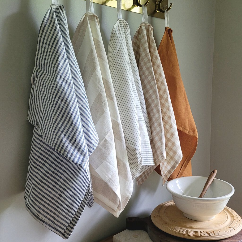 LINEN TEA TOWEL, TAN &amp; WHITE CHECK