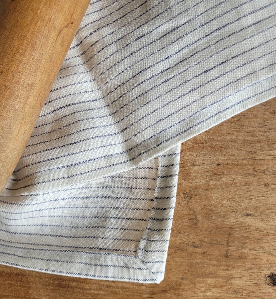 LINEN TEA TOWEL, WHITE W/ BLUE PINSTRIPE