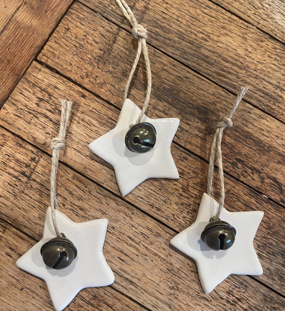 Handmade Ceramic Star Ornament with bell & twine