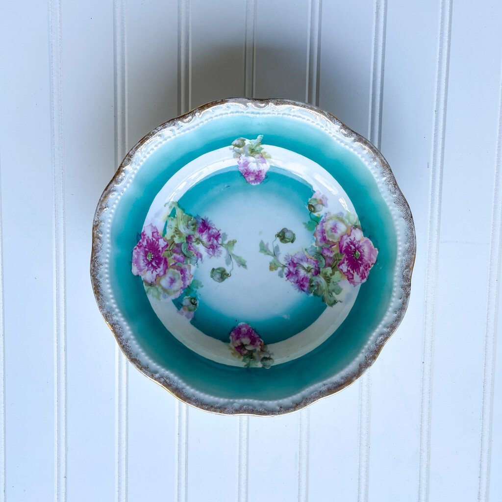 ANTIQUE TEAL BLUE FLORAL SERVING BOWL 9' DIAMETER FROM GERMANY