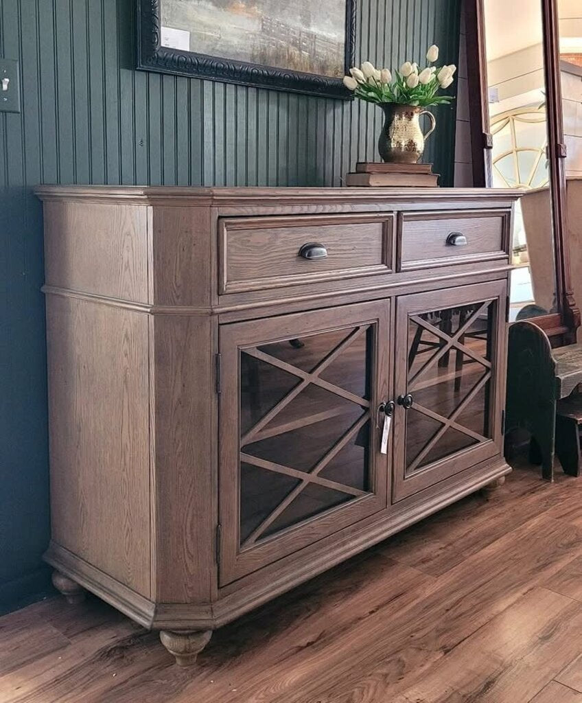 OAK GLASS DOOR CABINET 54"W 20"D 38"H