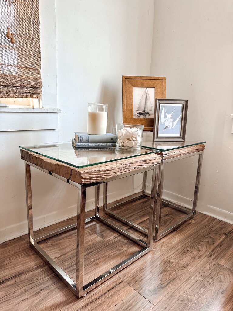 PAIR RUSTIC WOOD AND CHROME SIDE TABLES