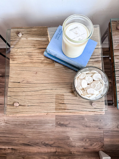 PAIR RUSTIC WOOD AND CHROME SIDE TABLES