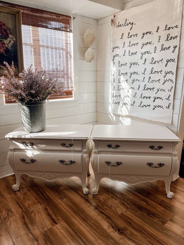 PAIR WHITE NIGHTSTANDS 32"w x 18"d x 24.5"t