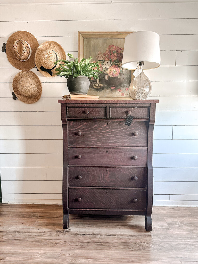 TALL OAK DRESSER 6 DRAWERS 33"W 19.5"D 46.5"H