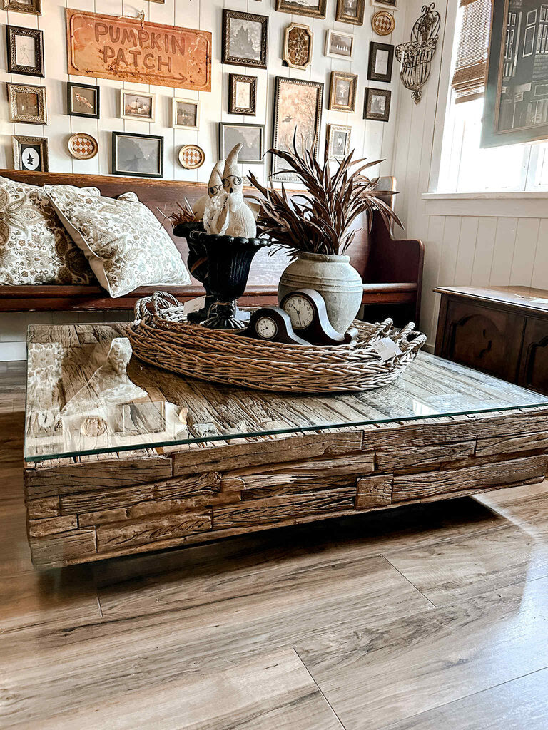 RUSTIC WOOD BLOCK COFFEE TABLE 48 X 48