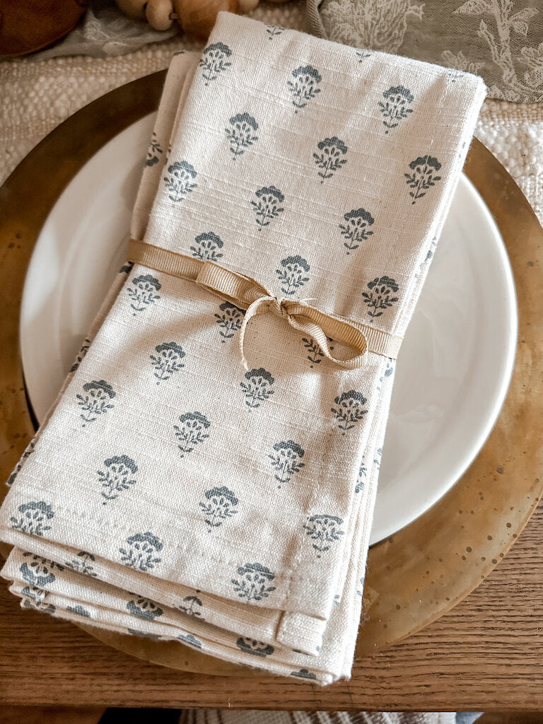 NAPKINS, NATURAL WITH BLUE FLOWERS , SET OF 4