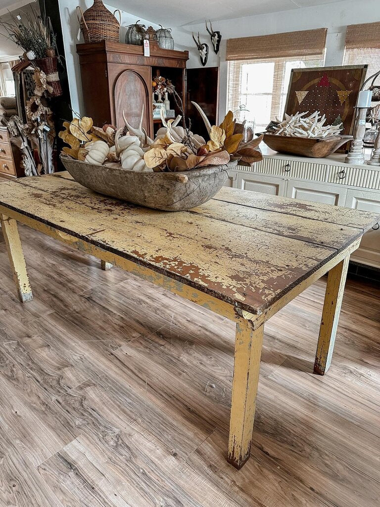 VINTAGE CHIPPY YELLOW TABLE 73"1/2 L X 38"1/2W X 31"T