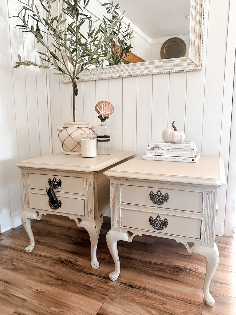 PAIR SIDE TABLES IN A.S. COUNTRY GREY 22 1/2" tall x 21" wide x 27" deep