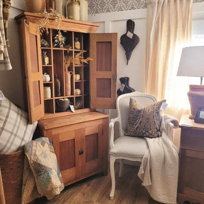 PETITE OAK APOTHACARY CUPBOARD (31.5W"X18.5"Dx65"T)