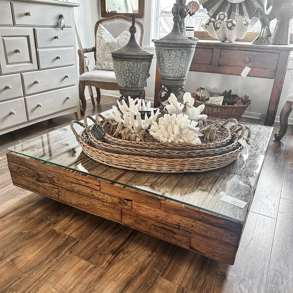 RUSTIC WOOD BLOCK COFFEE TABLE 48 X 48