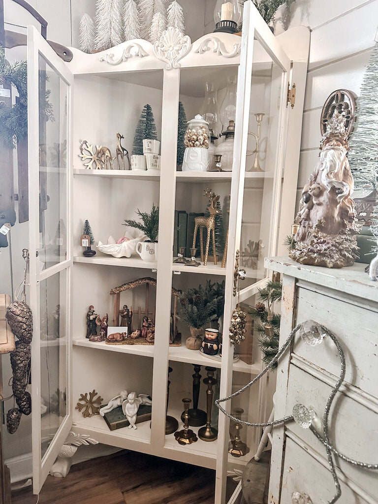 WHITE CORNER CABINET GLASS DOORS 38.5"W 27"D 77"H