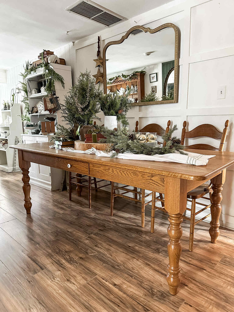 Solid oak table w/ six chairs. 7'X3'x30"