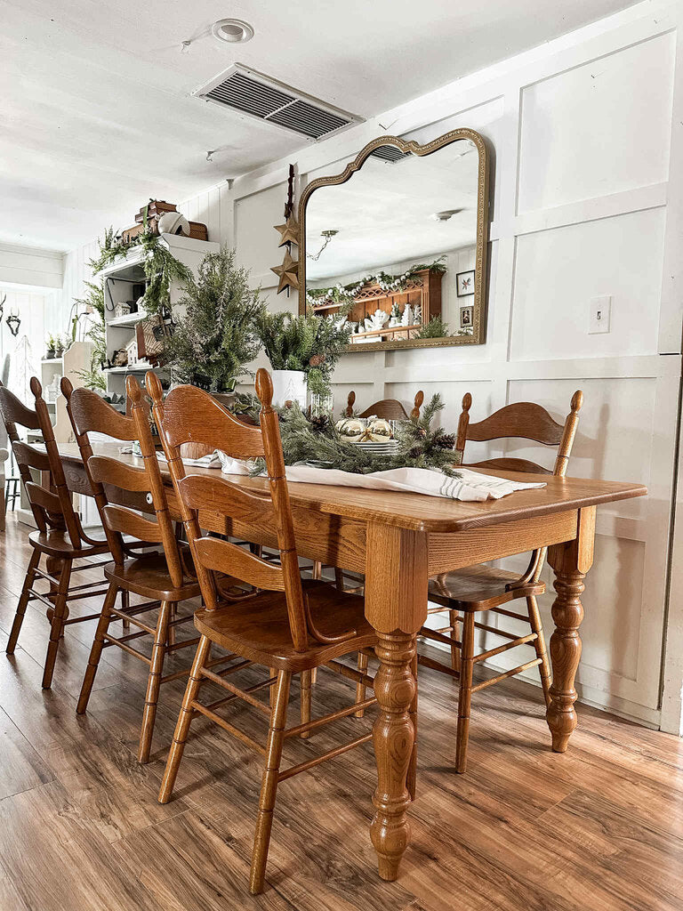 Solid oak table w/ six chairs. 7'X3'x30"