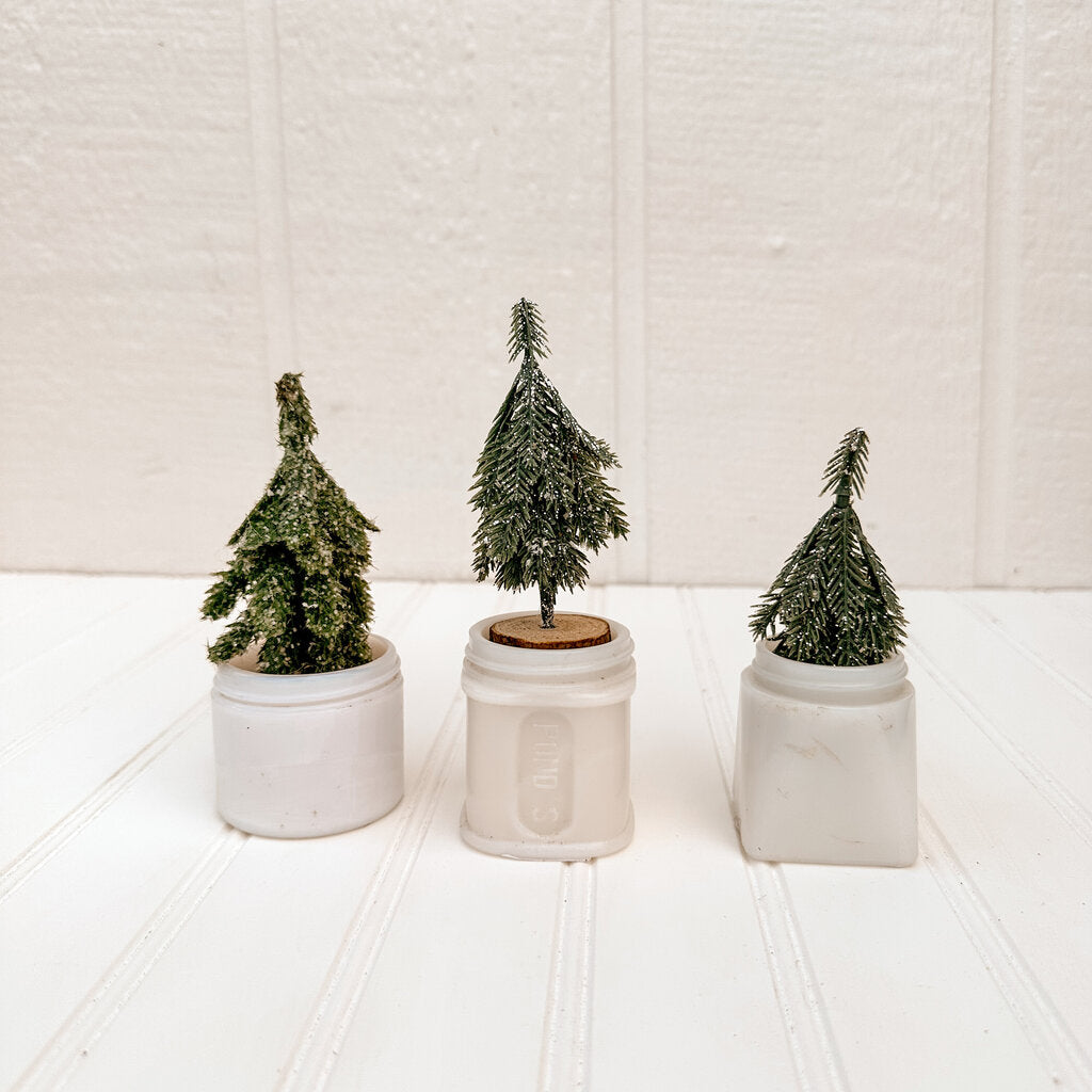 MILK GLASS JAR w/ Tree assorted sizes and trees