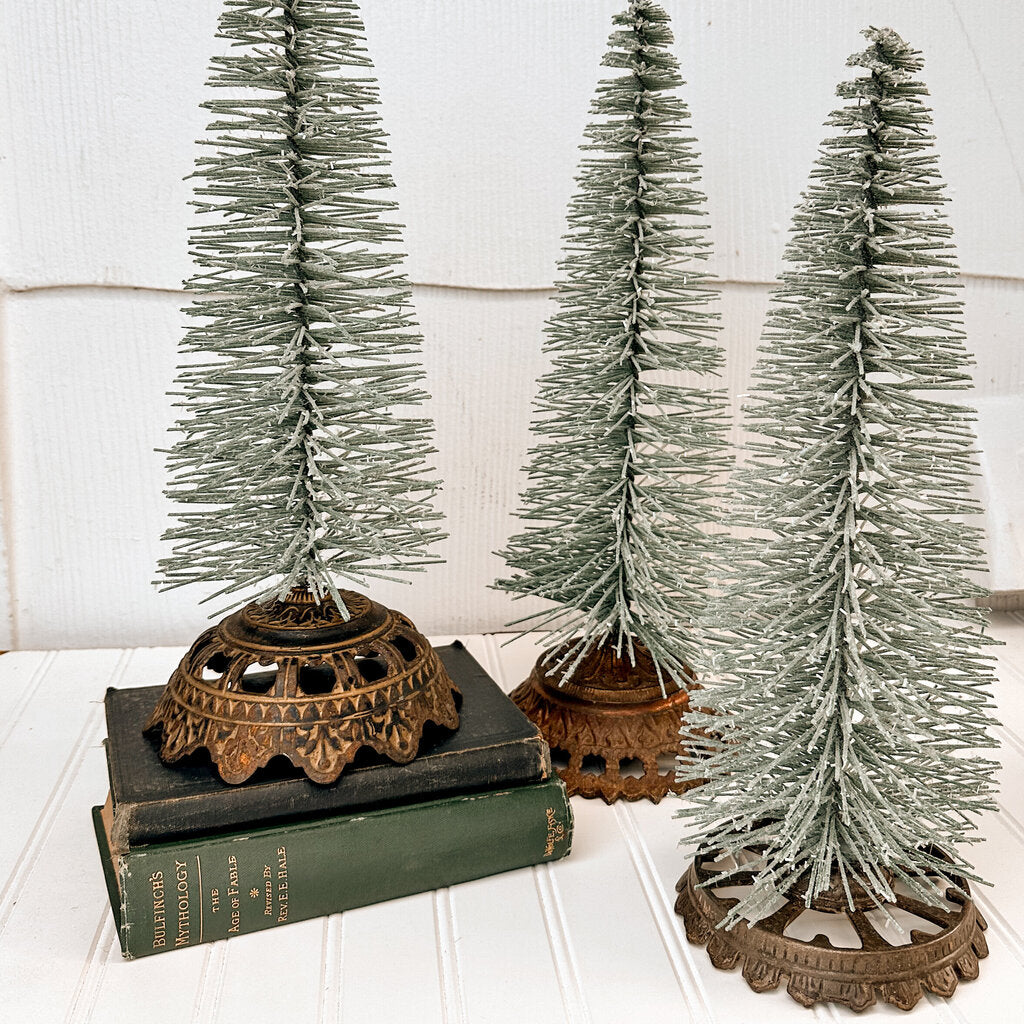 BOTTLE BRUSH TREE ON ANTIQUE LAMP BASE