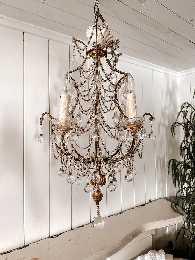 ANTIQUE FRENCH BIRDCAGE CHANDELIER WITH MACARONI BEADS