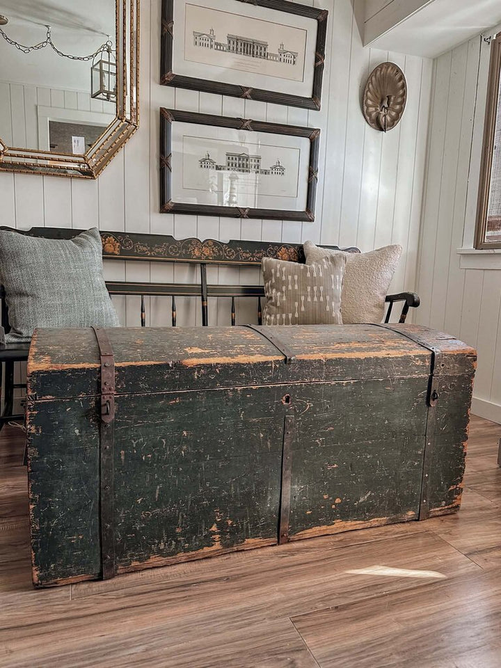 ANTIQUE PRIMITIVE GREEN WOOD TRUNK