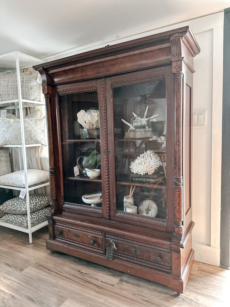 VINTAGE GLASS DOOR CABINET 48"w x 15.5"d x 52"t