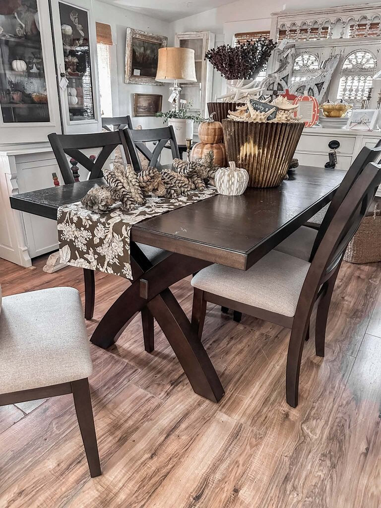 TRESTLE BASE TABLE 62 X 40 X 30 EXTENDS TO 80 IN WITH LEAF AND 6 MATCHING CHAIRS