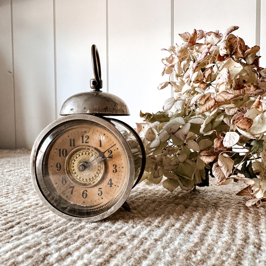 ANTIQUE PETITE CLOCK WITH BELL ALARM TOP NOT WORKING