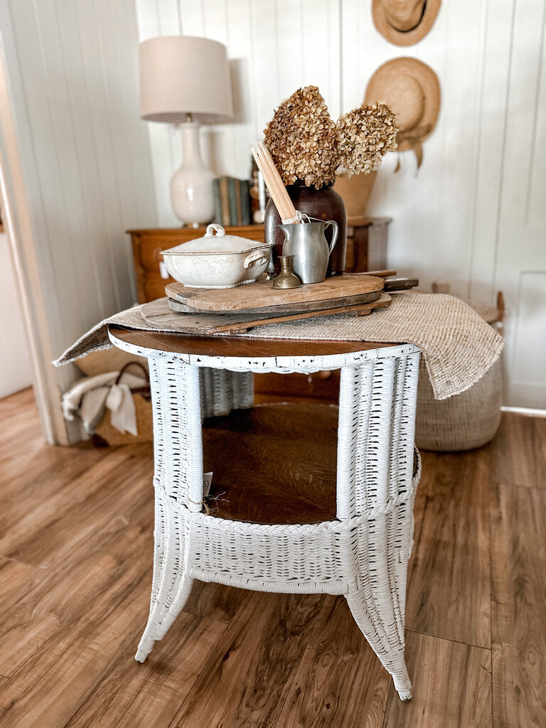 OAK AND WICKER TABLE (30"X29"T)