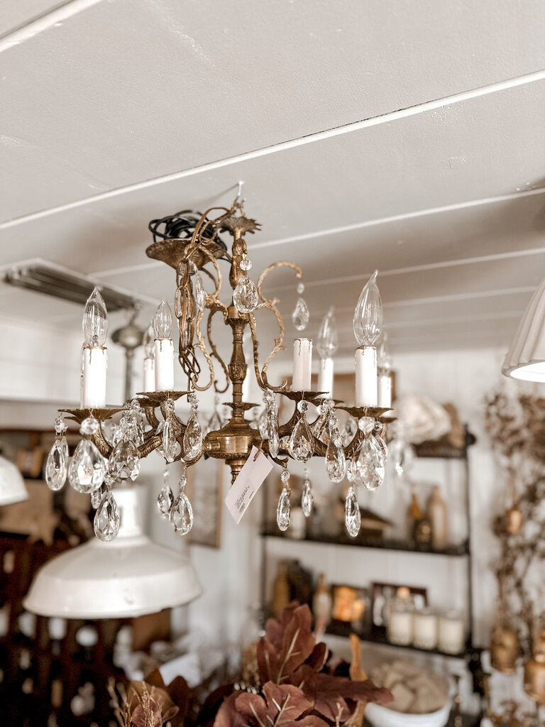 VINTAGE BRASS 10 LIGHT CHANDELIER W/ CRYSTALS
