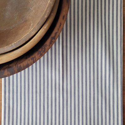 HANDMADE BLUE TICKING TABLE RUNNER, 84" LONG