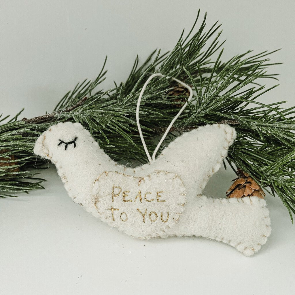 Handmade Wool Felt Dove Ornament w/ Embroidery "Peace to You"